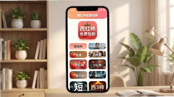 西红柿免费短剧app内容分类展示图,手机界面显示多个短剧分类标签,背景为现代书房,书架上摆放绿植,画面突出软件名称“西红柿免费短剧”,整体色调柔和,突出资源丰富感