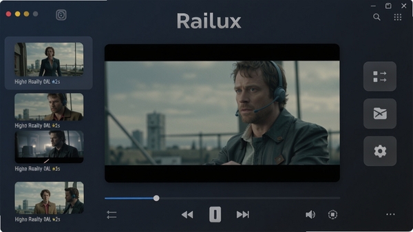 Railux播放器主界面预览图,展示深色背景下的视频列表、播放控制条以及高清画质效果,界面简洁现代,突出软件名称Railux标识,画面中央为正在播放的影片画面,四周有半透明的功能按钮,整体色调以深蓝和灰色为主,细节丰富,适合作为软件介绍头图