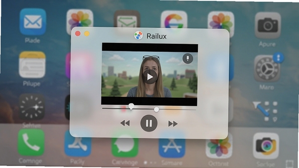 Railux播放器后台播放悬浮窗效果图,画面中间是一个小型的视频窗口,周围有播放控制按钮,背景是手机桌面,悬浮窗半透明设计,不影响其他应用操作,突出便捷性
