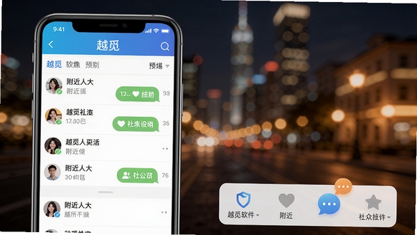 越觅软件主界面预览图,展示手机屏幕上的聊天列表和附近的人功能,背景为模糊的城市夜景,暖色调灯光点缀,界面风格简洁现代,突出“越觅”品牌标识和社交互动元素,整体画面清晰明亮,符合移动应用商店截图风格