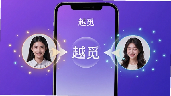 越觅智能匹配功能演示图,展示手机屏幕上两个用户头像相互匹配成功的动画效果,背景为简约的渐变紫色调,中央显示“越觅”字样和匹配成功图标,周围有飘散的光点,整体风格时尚动感,突出智能推荐和社交连接的主题