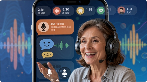 中年速聊语音聊天室界面,画面中展示一个手机界面,上方有多个语音房间列表,其中一个房间正在热烈讨论,界面有麦克风图标和在线人数显示,背景是抽象的声音波纹图形,一位中年女性戴着耳机微笑说话,整体风格活泼明亮。