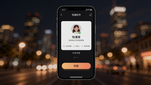 悦遇软件主界面预览图,展示手机屏幕内用户资料卡片与匹配按钮,背景为模糊的城市夜景,暖色调灯光,突出社交氛围,画面主体居中,风格现代简约,高清细节丰富
