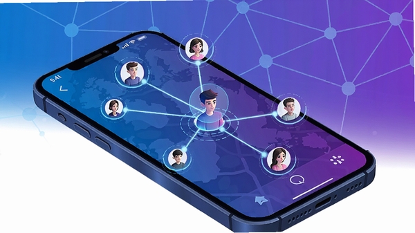 悦遇智能匹配功能示意图,画面展示手机APP内地图界面,周围有多个用户头像光点,中心人物发出连接线条,背景为抽象网络节点,科技蓝与紫色渐变,立体感强,突出算法推荐概念,风格时尚