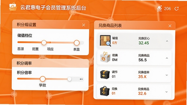 云君惠电子会员管理系统后台的积分规则设置页面,包含储值档位滑块、积分倍率调节选项和兑换商品列表,背景为橙色商务风格界面,重点突出灵活配置与自动化计算功能,画质细腻,适合功能展示