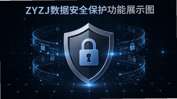ZYZJ数据安全保护功能展示图,画面中央为盾牌图标与锁形图案,周围环绕加密数据流,背景为暗色网格,强调安全可靠,整体色调以蓝灰为主,突出防护感