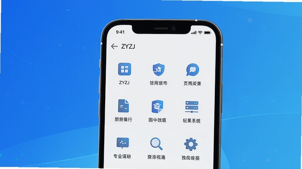 ZYZJ应用主界面预览图,展示其简洁清晰的功能布局,背景为渐变的科技蓝,前景为手机屏幕特写,屏幕内显示各类功能图标排列整齐,整体风格现代简约,光线明亮,突出软件的实用性与专业性