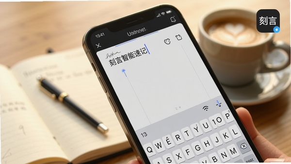 刻言智能速记功能特写,手机屏幕上显示简洁的笔记编辑界面,有光标闪烁和虚拟键盘弹出,背景是模糊的笔记本和咖啡杯,画面色调温暖明亮,突出快速记录与整理的应用场景,右上角显示刻言的小巧悬浮图标