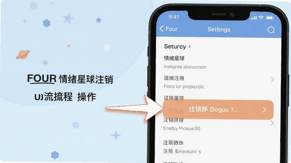 Fours情绪星球注销账号操作流程示意图,画面展示手机设置界面,箭头指向注销选项,背景为浅色调,风格简洁明了