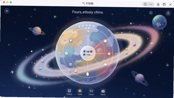 Fours情绪星球软件主界面预览图,画面中央是星球形状的情绪图谱,周围环绕柔和的色彩光晕,背景为深蓝色星空,整体风格梦幻而温馨,突出社交与心理探索的主题