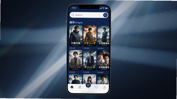 Kinohana 应用主界面预览图,展示简洁的首页布局,顶部为搜索栏,中间为推荐影视海报瀑布流,底部为功能导航栏,整体色调为深蓝色与白色相间,画面清晰,UI设计现代,背景为抽象的光影效果,适配手机竖屏展示,Boogu模型生成