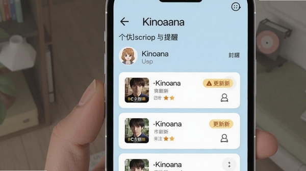 Kinohana 个性化订阅与提醒功能界面,展示用户关注的剧集列表,带有更新提醒标签,界面采用卡片式设计,背景为浅蓝色,风格清新,适配手机竖屏,Boogu模型生成