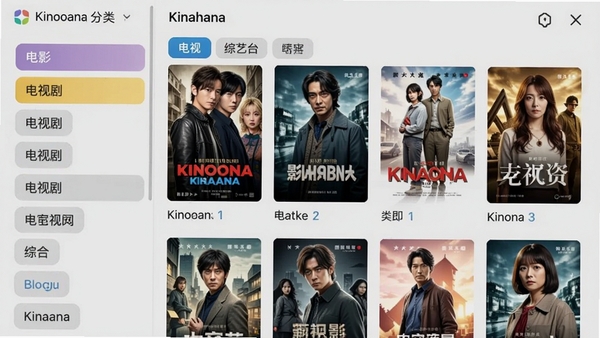 Kinohana 影视资源分类界面截图,展示左侧分类列表,右侧为具体的影视剧海报缩略图,包含电影、电视剧、综艺等标签,界面清晰,色彩鲜艳,背景为浅灰色,突出内容主体,适配手机横屏展示,Boogu模型生成