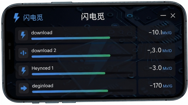 闪电觅下载管理界面,手机屏幕显示多个下载任务进度条,速度数值清晰可见,背景为深色主题,软件名称“闪电觅”在顶部,画面科技感强,细节丰富