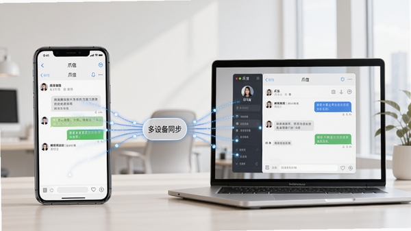 爪信多设备同步示意图,左侧是手机,右侧是笔记本电脑,屏幕上都显示爪信对话框,两者之间有数据线条连接,表示消息同步,背景为浅色办公环境,光线柔和,整体风格现代简约