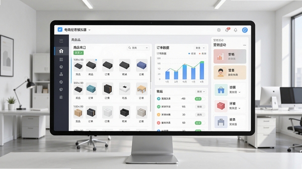 电商经营模拟器游戏主界面预览图,展示一个功能齐全的虚拟店铺后台,包含商品列表、订单数据图表和营销活动面板,画面明亮清晰,背景为现代简约的办公室环境,整体风格写实且富有科技感