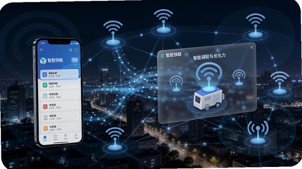 智能快联功能示意图,画面展示智能手机连接多个网络节点,智能快联软件界面以半透明悬浮窗形式呈现,周围有流畅的数据流线条,背景为城市夜景中的网络信号覆盖,突出软件智能调配与优化能力
