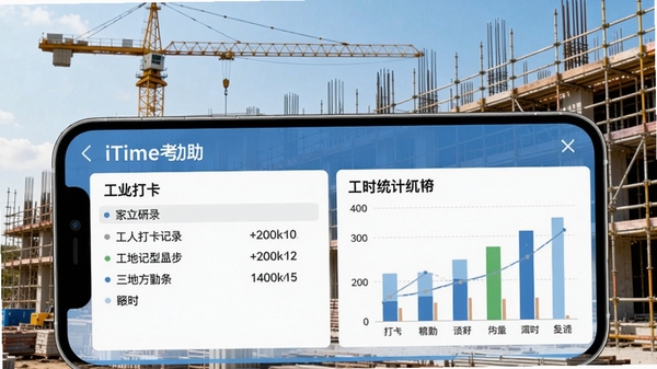 工地记时iTime考勤表主界面展示,手机屏幕显示工人打卡记录、工时统计图表,背景为建筑工地塔吊和脚手架,画面清晰,色彩明亮,突出考勤数据的直观性和实用性