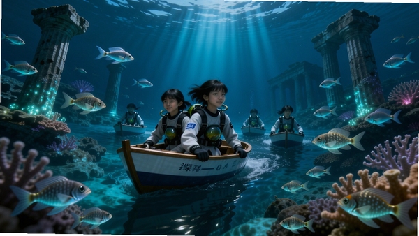 海魂少女深海探索场景概念图,描绘一支小船队行驶在发光的珊瑚礁群中,周围有发光的鱼群和半沉没的古代石柱,远处有幽蓝的光柱射向海面,光线通透,色彩梦幻,展现神秘海底世界