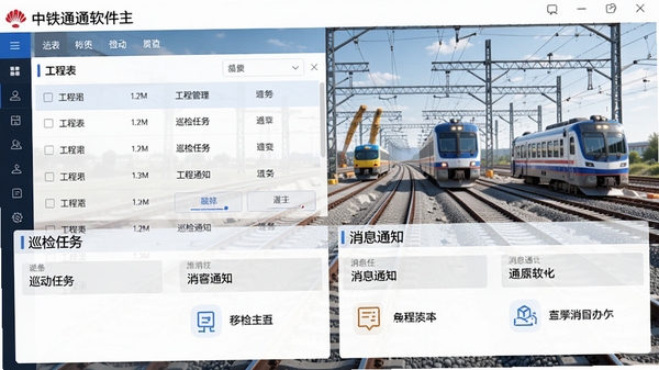 中铁通通软件主界面预览图,展示工程列表、巡检任务、消息通知等核心模块,背景为现代化铁路施工现场,画面清晰明亮,突出移动办公与工程管理主题