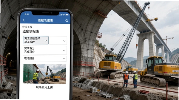 中铁通通工程进度上报功能演示图,手机界面显示进度填报表单,包含施工阶段选择、完成百分比、现场照片上传入口,背景为隧道或桥梁施工场景,画面层次分明