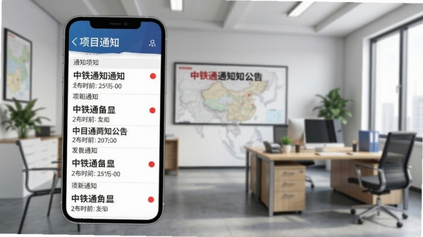 中铁通通通知公告功能示意图,手机屏幕展示通知列表,包含标题、发布时间、未读红点标记,背景为项目部办公室场景,画面简洁专业