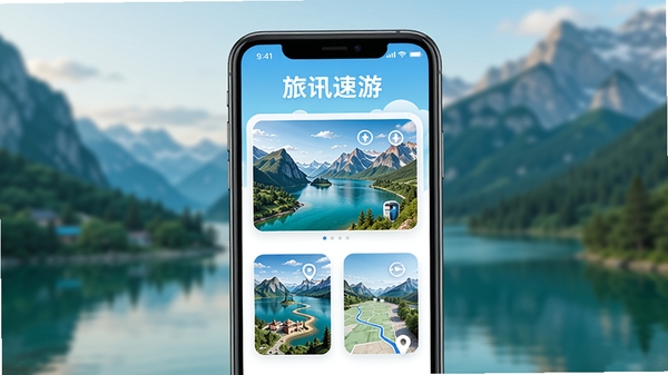 旅讯速游app主界面展示,手机屏幕上有旅游景点图片和路线规划图标,背景是模糊的山水风景,整体色调清新明亮,界面设计现代简约,突出旅讯速游品牌名称,适合应用商店预览图风格