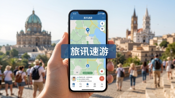 旅讯速游在手机上的使用场景,一只手拿着手机查看地图导航,背景是模糊的旅游景点,阳光明媚,画面自然生动,突出移动端的便捷性,软件名称浮现在屏幕中央