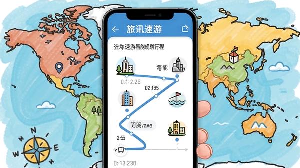 旅讯速游智能规划行程界面,手机屏幕上显示一条详细的每日路线图,包含景点图标和时间轴,背景是手绘风格的世界地图,色彩明快,突出智能与便捷,软件名称体现在屏幕顶栏