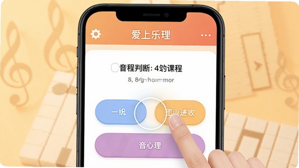 生成一张展示移动端应用内互动课程界面的预览图,画面中有一道关于音程判断的选择题,选项以彩色按钮呈现,用户手指正点击正确答案,屏幕上方显示“爱上乐理”的应用栏,背景采用暖色调,突出轻松学习的氛围