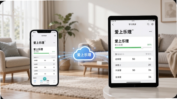 创作一幅展示多设备同步功能的场景图,画面左侧是一部手机,右侧是一台平板电脑,两台设备屏幕上都显示着“爱上乐理”的学习进度界面,中间用发光的云朵图标连接,背景是简洁的客厅环境,暗示数据实时同步的便捷性