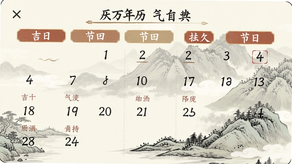 吉日农历万年历节气日历页面截图,展示农历日期、节气名称和节日标注,界面采用淡雅的中国风设计,字体清晰,背景有山水画元素
