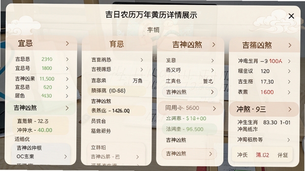 吉日农历万年历黄历详情页展示,显示宜忌列表、吉神凶煞、冲煞生肖等条目,界面采用卡片式布局,色彩柔和,信息层级分明