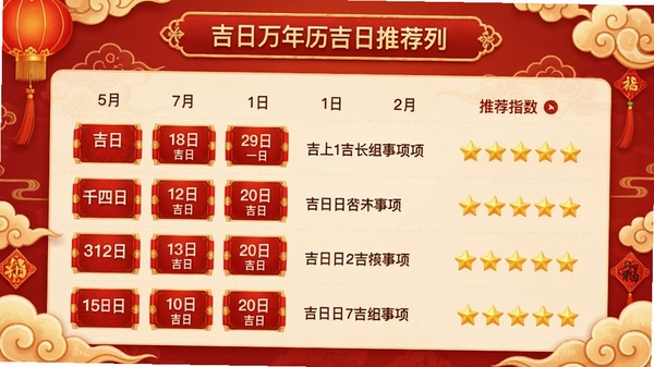 吉日农历万年历吉日推荐列表界面,显示某月的吉日日期和对应事项,推荐指数用星星图标表示,背景有祥云图案,整体风格喜庆