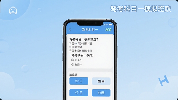 驾考科目一模拟软件主界面预览图,背景为浅蓝色渐变,画面中央是一部手机,屏幕显示科目一考试答题界面,题目清晰可见,下方有四个选项按钮,右上角显示答题进度,整体风格简洁明亮,突出软件名称“驾考科目一模拟”