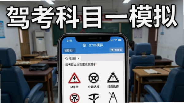 驾考科目一模拟全真模拟考试功能截图,画面中手机屏幕显示模拟考试界面,顶部有倒计时和答题卡,题目为交通标志选择题,背景为模拟考场环境,突出“驾考科目一模拟”软件名称,风格写实清晰