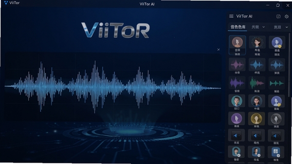 ViiTor AI声音克隆软件主界面预览图,画面中央展示声波动态波形,背景为深蓝色科技感渐变,右侧有音色库列表,整体风格简洁现代,突出软件名称ViiTor
