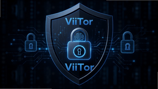 ViiTor安全加密功能示意图,画面中央为指纹锁图标,背景为盾牌形状的加密层,色调为蓝黑科技风,突出“ViiTor”品牌,展示隐私保护主题