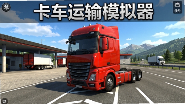 卡车运输模拟器游戏主界面预览图,画面中央是一辆红色重型卡车停在欧洲风格的高速服务区,背景是蓝天白云和远处的山脉,画面比例16:9,光线明亮,细节丰富,整体风格写实,突出游戏名称“卡车运输模拟器”的界面元素