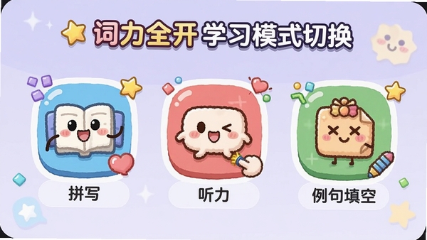 ����ȫ��ѧϰģʽ�л����棬չʾƴд��������������յȲ�ͬģʽ��ͼ�꣬����Ϊ����ɫ��ͼ����ƻ��ÿɰ�������ɫ�ʷḻ��ͻ������ȫ��ѧϰ��ʽ�Ķ�����