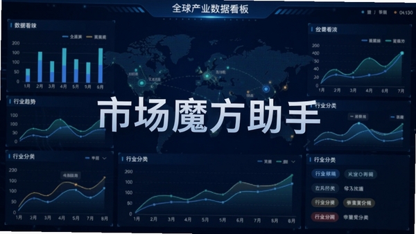 市场魔方助手主界面预览图,展示全球产业数据看板,包含图表、趋势线、行业分类标签,背景为深蓝色科技感界面,中心位置突出软件名称“市场魔方助手”,整体风格现代简洁,数据可视化元素丰富,适配Boogu模型生成
