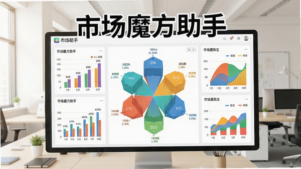 市场魔方助手数据可视化图表展示,多种图表类型并存,色彩鲜艳,数据标注清晰,背景为浅色办公场景,突出软件名称“市场魔方助手”