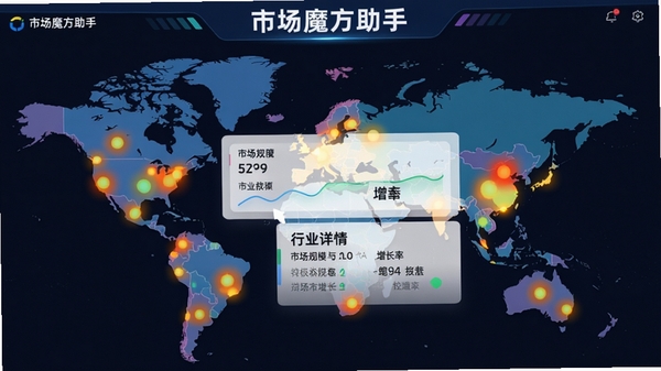 市场魔方助手全球产业数据展示界面,地图上分布热点区域,点击弹出行业详情,包含市场规模、增长率数据卡片,界面色彩鲜明,信息层级清晰,突出软件名称“市场魔方助手”