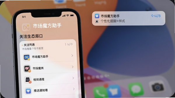 市场魔方助手个性化提醒设置界面,展示关注列表与推送通知样式,界面柔和,突出“市场魔方助手”名称,背景为手机桌面,带有通知横幅