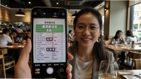 最美翻译官拍照翻译功能演示,手机拍摄英文菜单图片,屏幕上叠加显示中文翻译,背景为餐厅环境,界面高亮识别文字区域,翻译结果清晰标注,整体风格实用直观