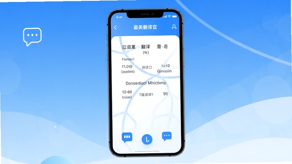 最美翻译官应用主界面预览图,展示多语言翻译功能,手机屏幕中央显示中文与英文互译结果,背景为渐变蓝色调,界面简洁现代,图标清晰,整体风格明亮清新,适配Boogu模型生成
