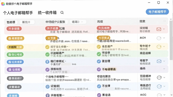 个人电子邮箱帮手统一收件箱界面,不同颜色的账户标签区分邮件来源,列表清晰,界面明亮,展示软件名称个人电子邮箱帮手