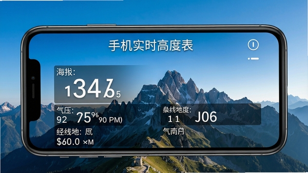 手机实时高度表主界面展示,手机屏幕显示海拔高度、气压、经纬度等数据,背景为户外山峰与蓝天,画面清晰明亮,突出软件名称“手机实时高度表”