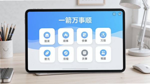 一箭万事顺官方主界面预览图,展示其简洁明快的UI设计风格,主色调为清新的蓝白渐变,屏幕中央显示功能图标网格布局,背景为柔和的浅灰色调,整体画面明亮通透,突出软件名称一箭万事顺,画面主体位于中心偏上,背景区域为干净的工作台面,适配Boogu模型生成