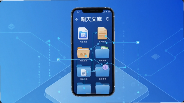 灏天文库智能分类功能演示图,画面中央是手机屏幕,屏幕上展示各类文件图标被自动归纳到不同文件夹,背景为渐变蓝色,突出科技感与条理性,整体风格干净整洁。